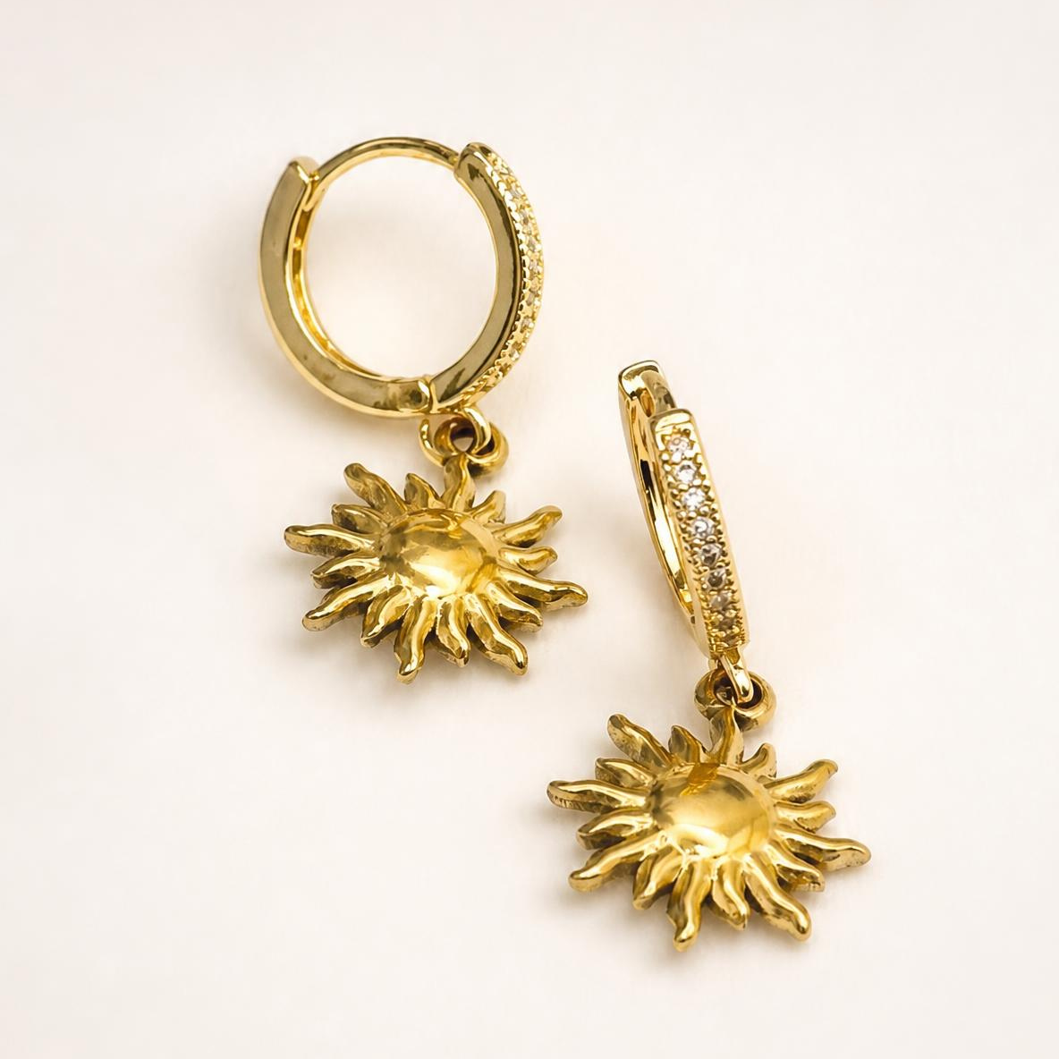 Gold SUN earrings Rhinestone Hoops