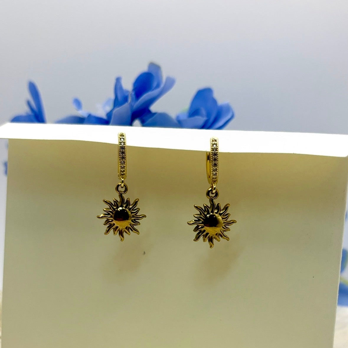 Gold SUN earrings Rhinestone Hoops