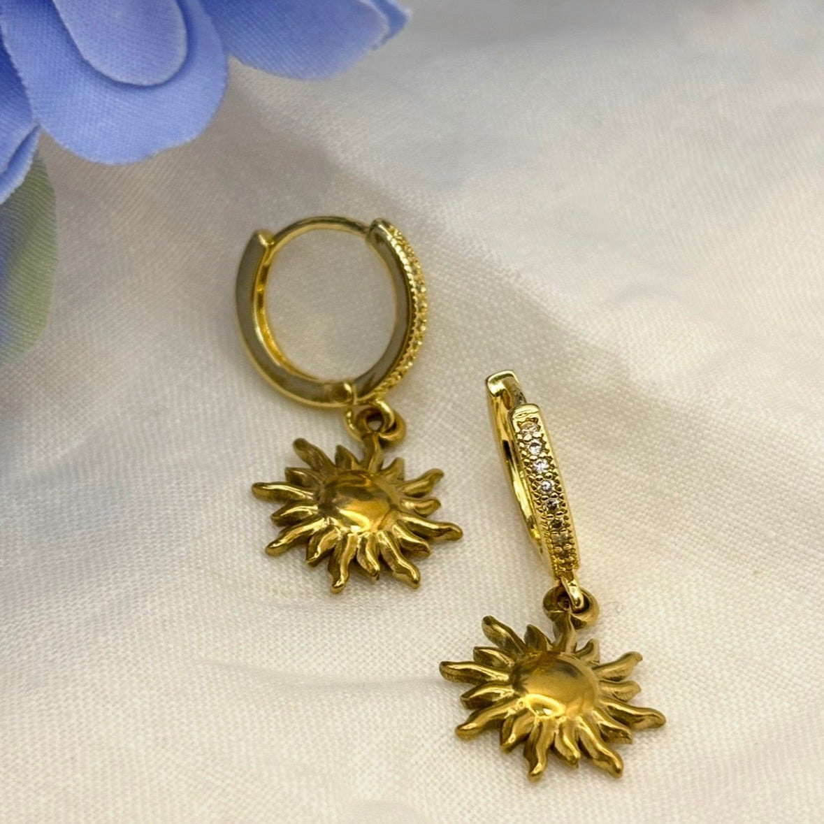 Gold SUN earrings Rhinestone Hoops