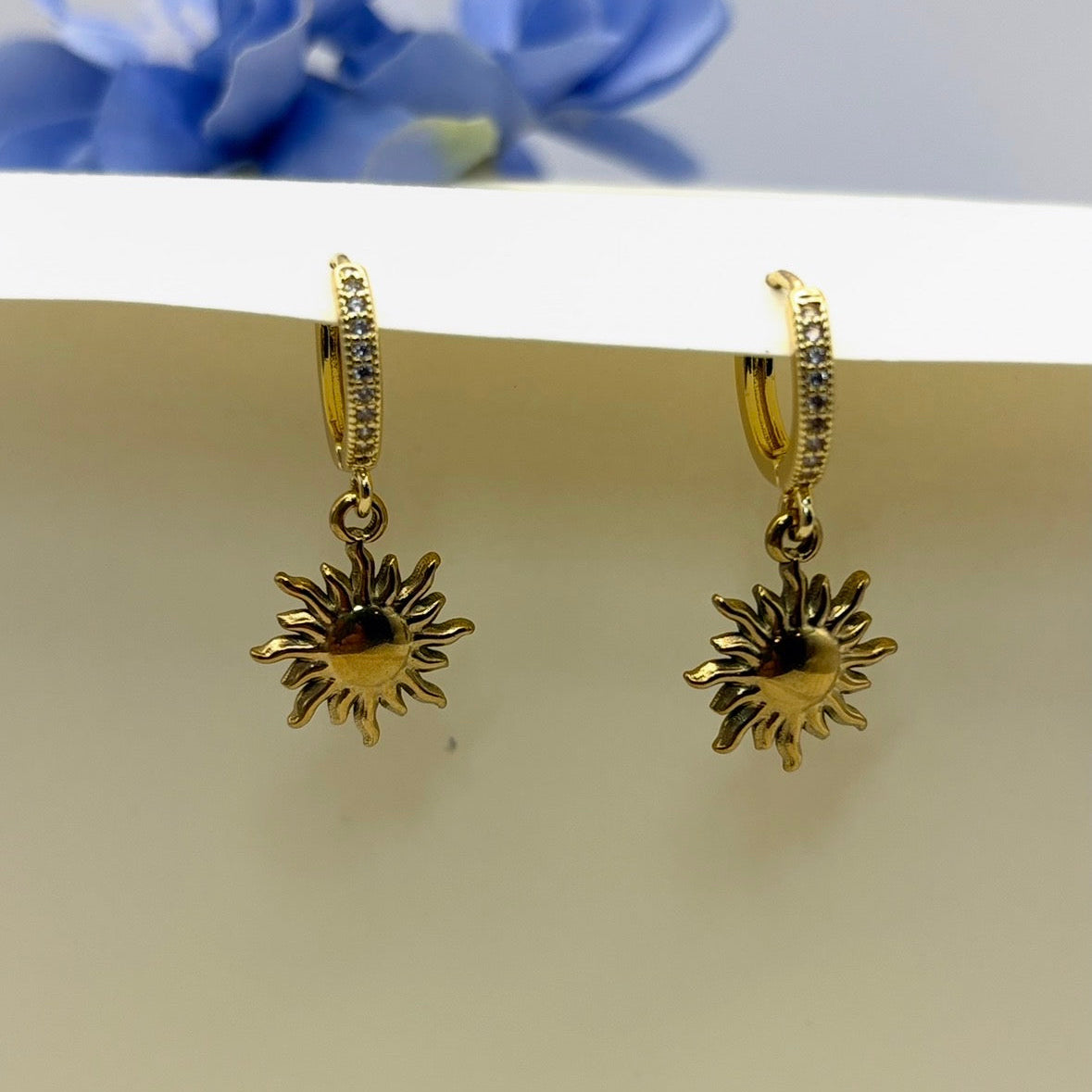 Gold SUN earrings Rhinestone Hoops
